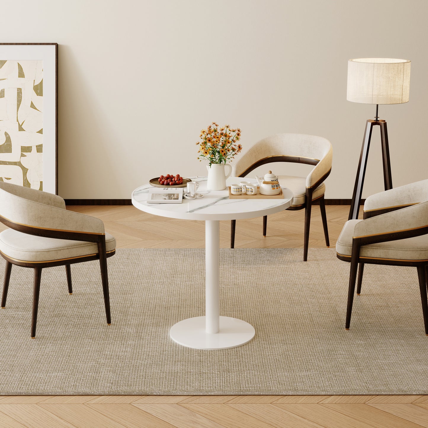 Round Modern Dinning Table 31.5 Inches Bistro Tulip With Faux Marble