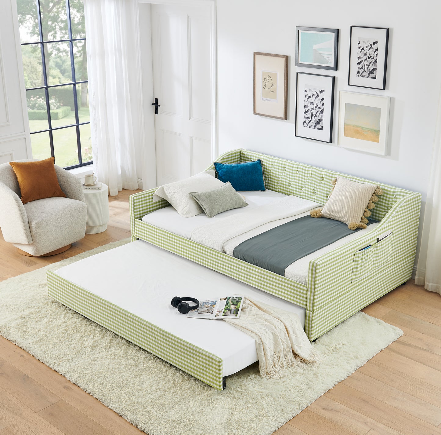 Full-Size Upholstered Daybed with Trundle & Storage - Green