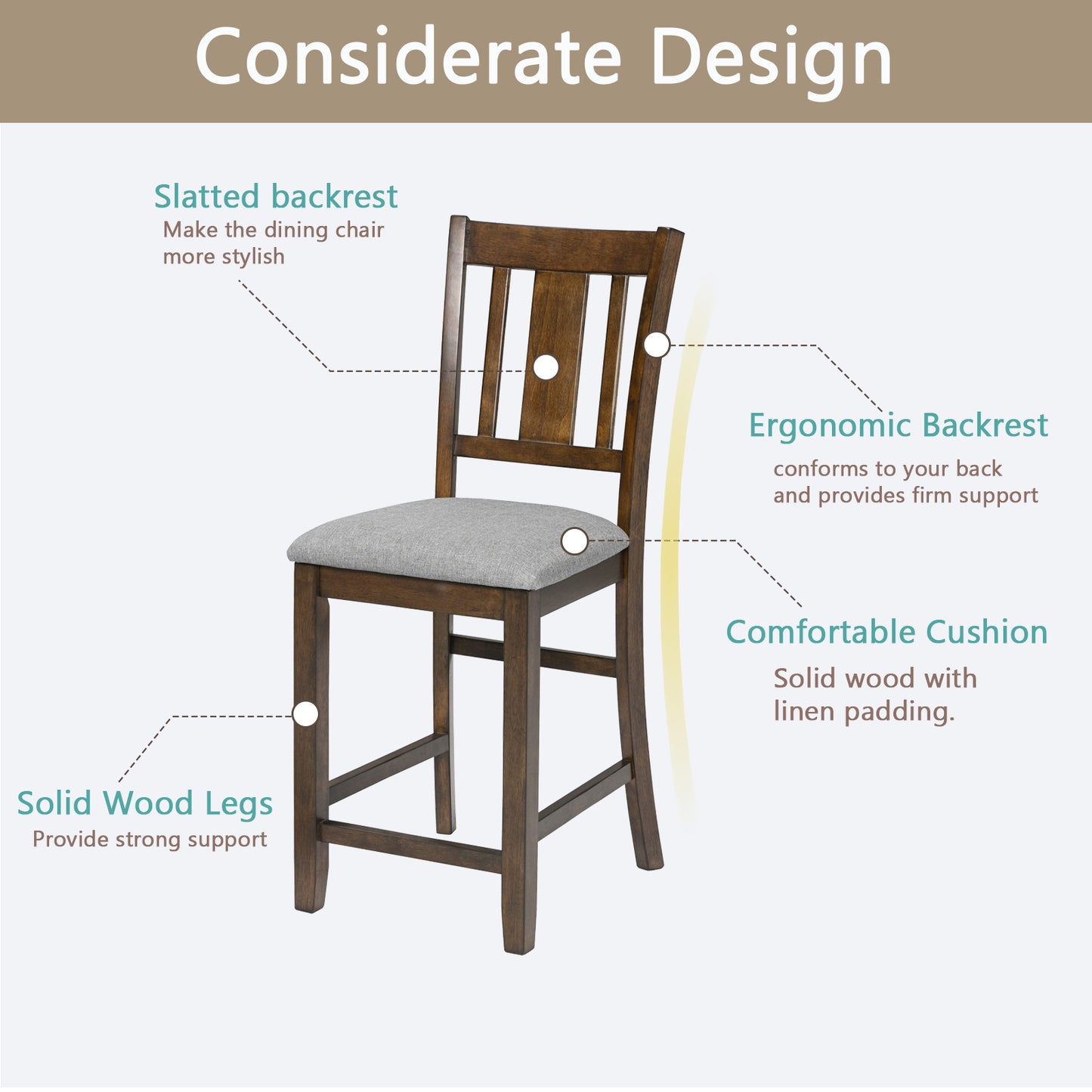 Walnut Wooden Counter Height Dining Chairs Set of 4 with Padded Seats