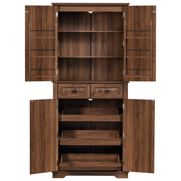 Tall Kitchen Pantry Cabinet with 3 Pull-Out Organizers - Brown