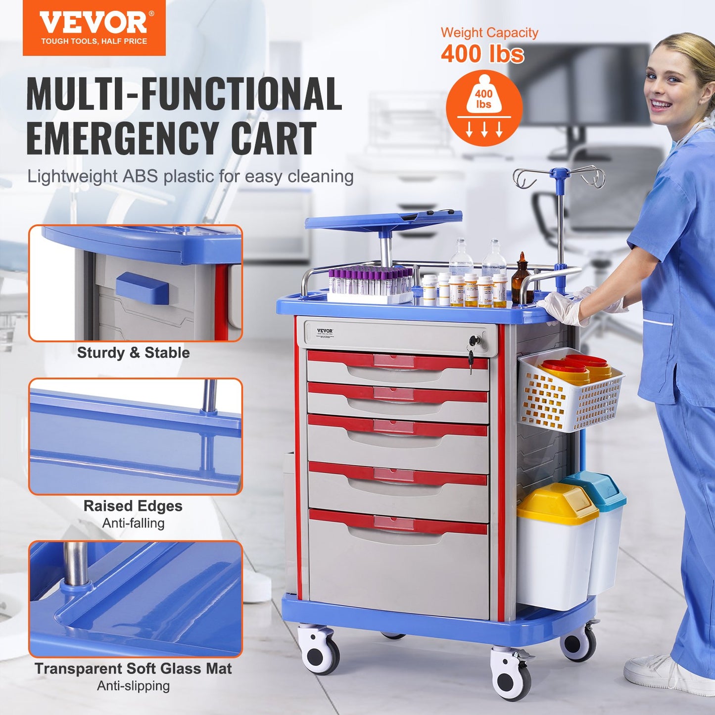Mobile Medical Cart with 5 Drawers & 2 Trash Cans - Blue