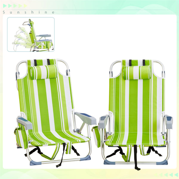 Lightweight Folding Beach Chair - Green Stripes, Adjustable Back