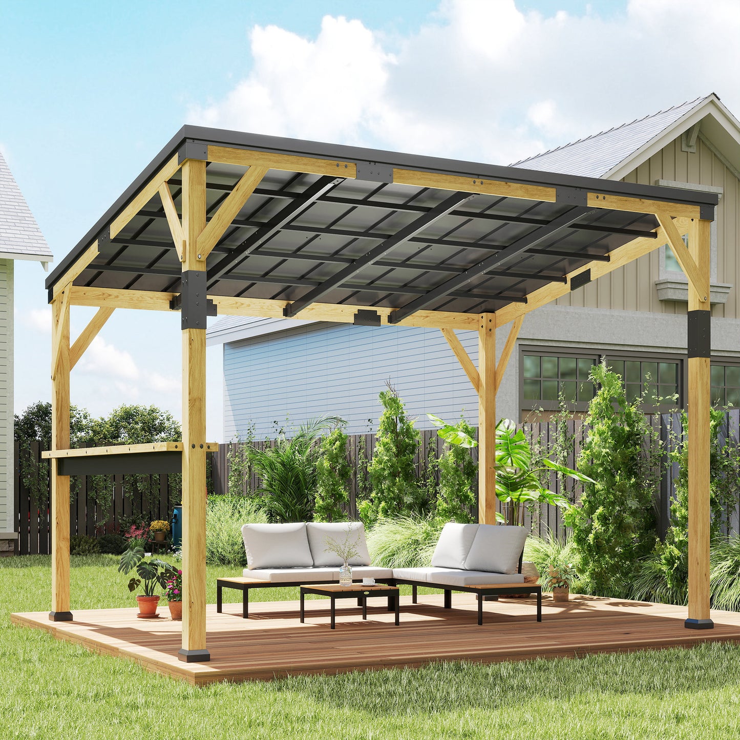 14'x10' Wooden Gazebo with Steel Roof & Bar Shelf - Natural Wood