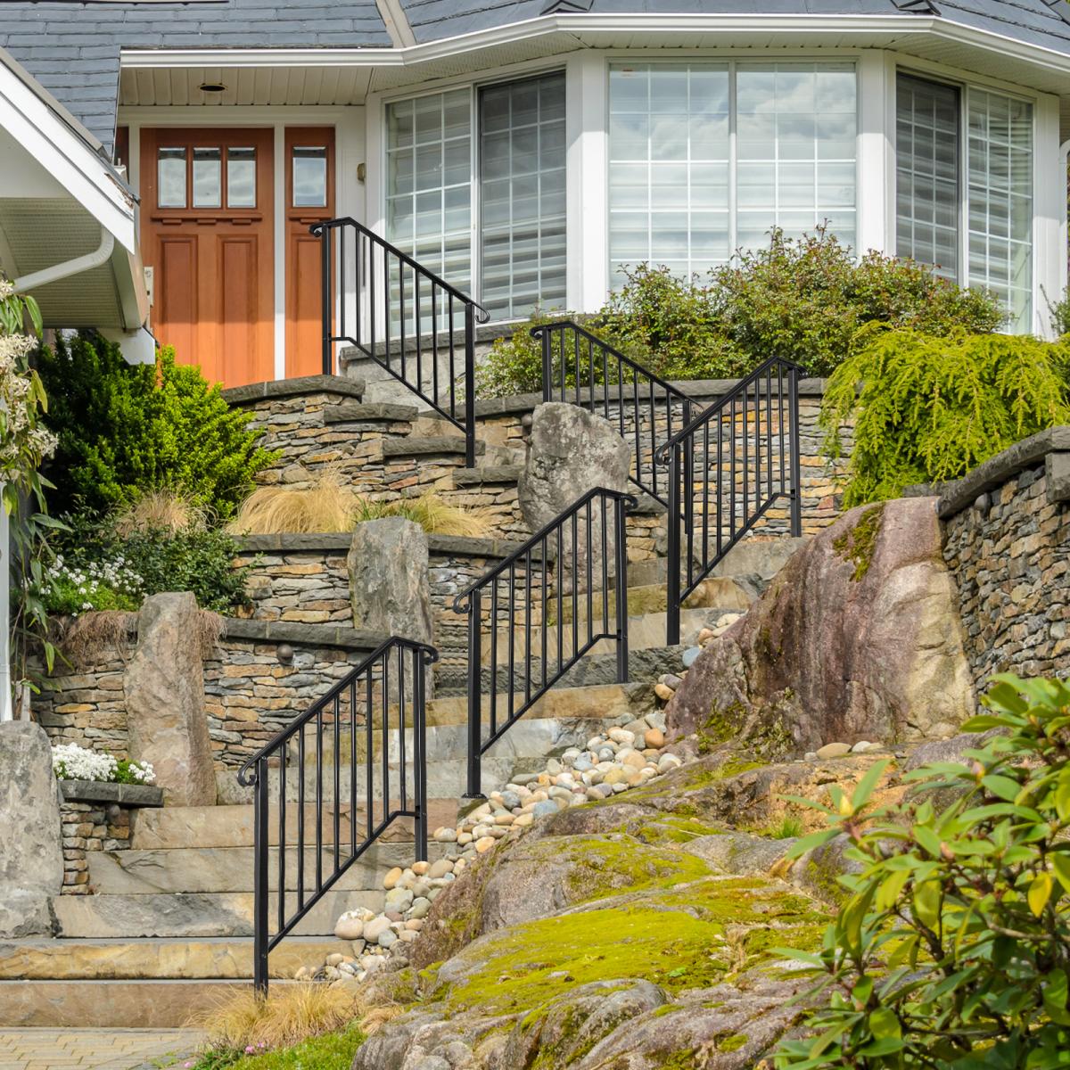 Black Wrought Iron Outdoor Stair Handrail for 3 or 4 Steps - Garden & Patio Railing with Installation Kit