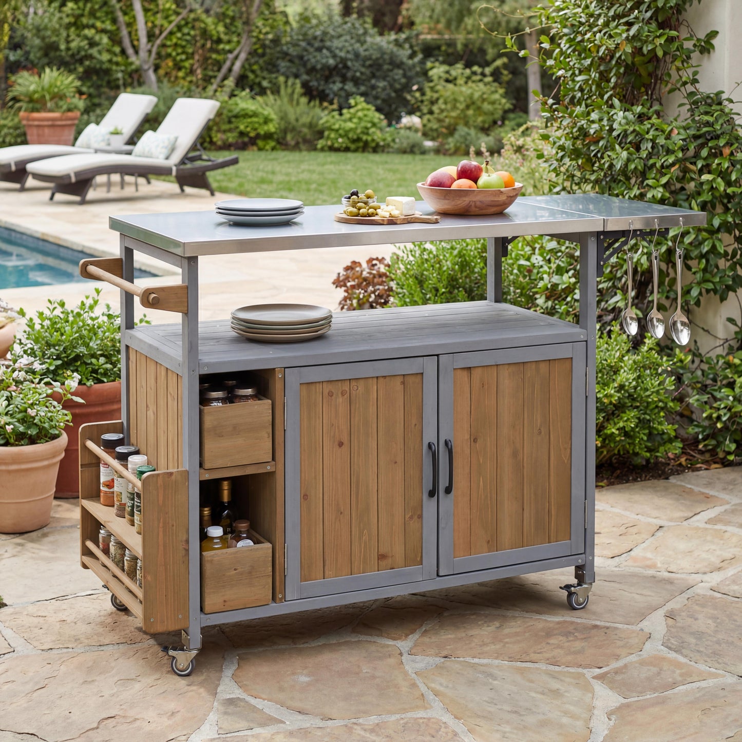 54.33 Farmhouse Rolling Outdoor Kitchen Cart, Solid Wood Frame With