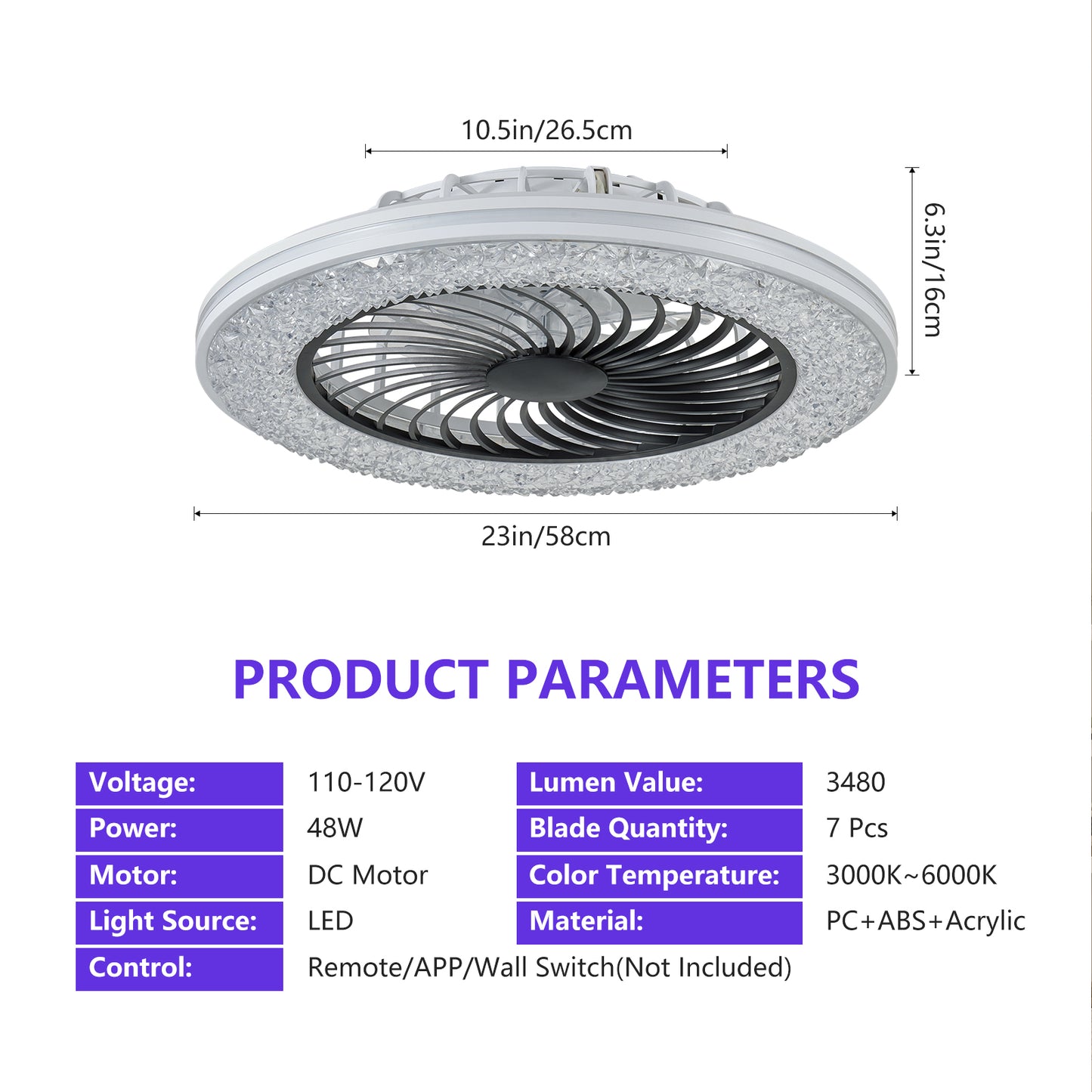 23 Inch Enclosed LED Ceiling Fan with RGB Lights & 6 Speed Settings