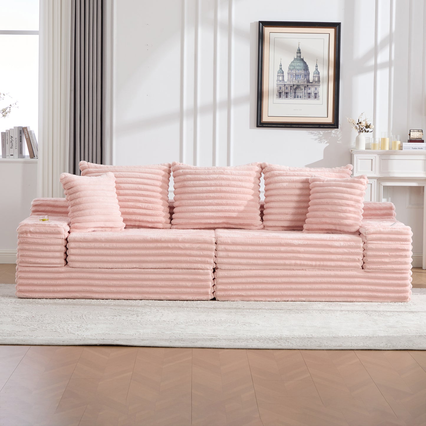 Oversized Four-Seat Sofa Bed with Cup Holder & Pockets - Pink