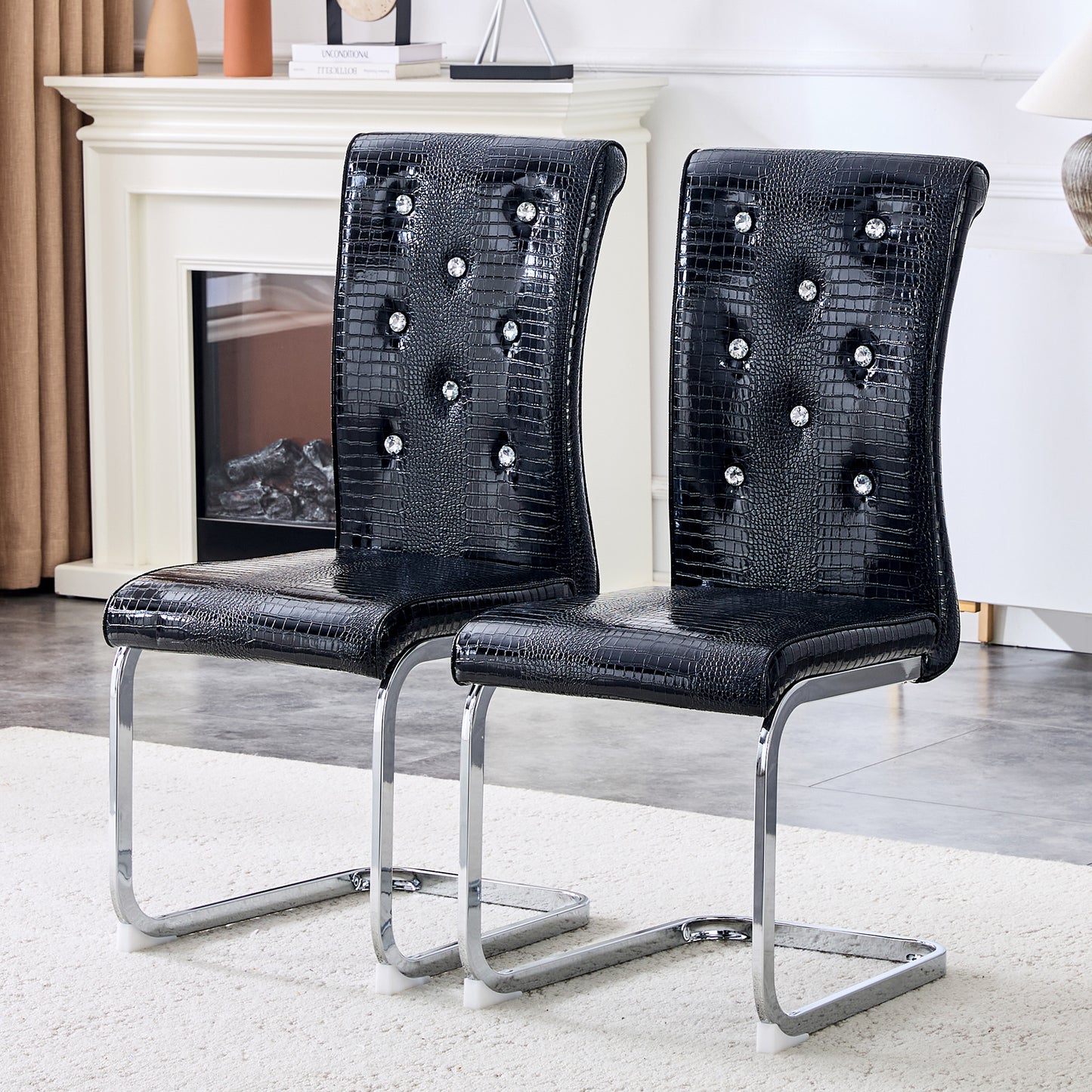 Set Of 2,Retro Alligator Skin Upholstered Dining Chairs,with Crystal
