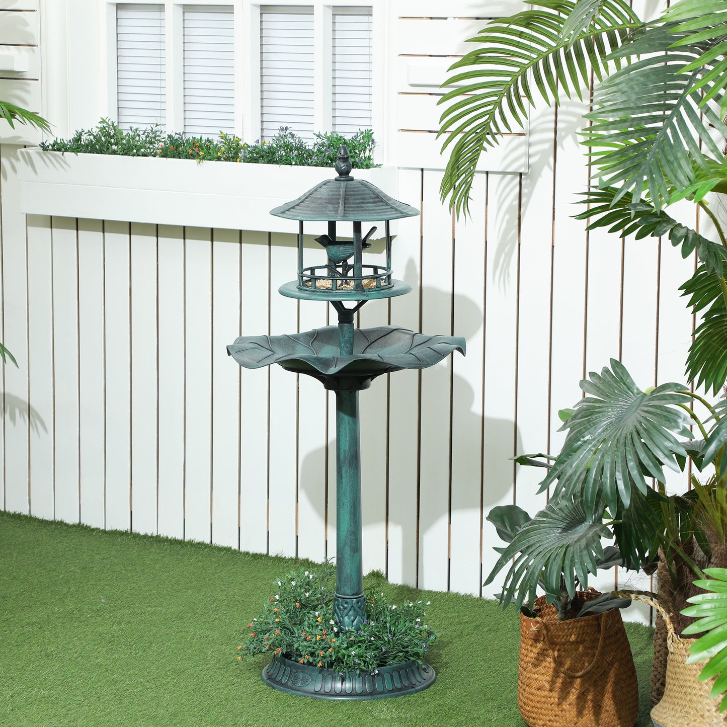 3-in-1 Garden Bird Bath with Feeder and Flower Planter - Green