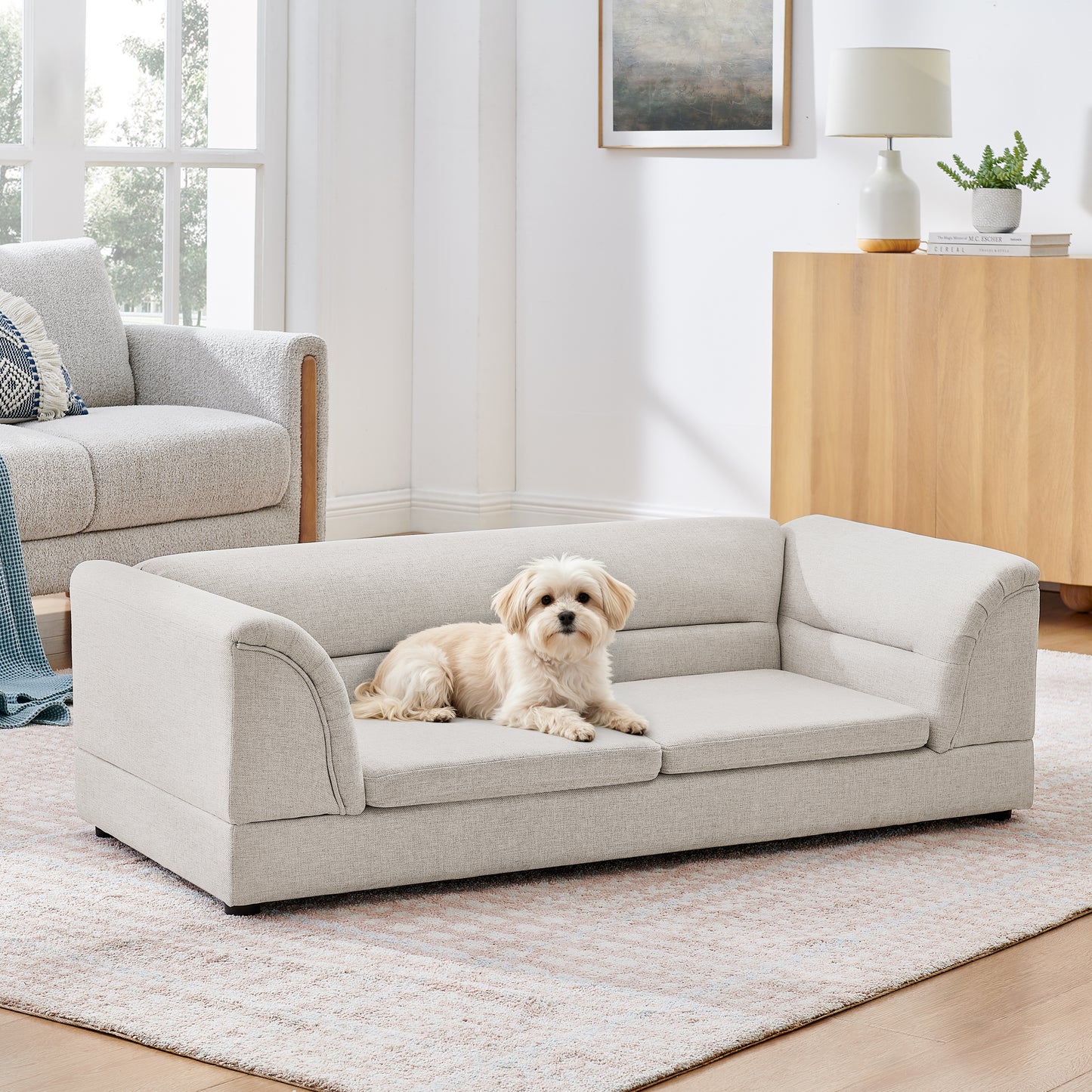 Oversized Pet Sofa Bed with Curved Armrest in Linen Fabric for Large Dogs - Beige