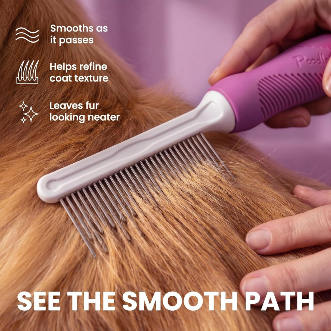 Pet Comb with Stainless Steel Long & Short Teeth for Detangling & Grooming - Purple