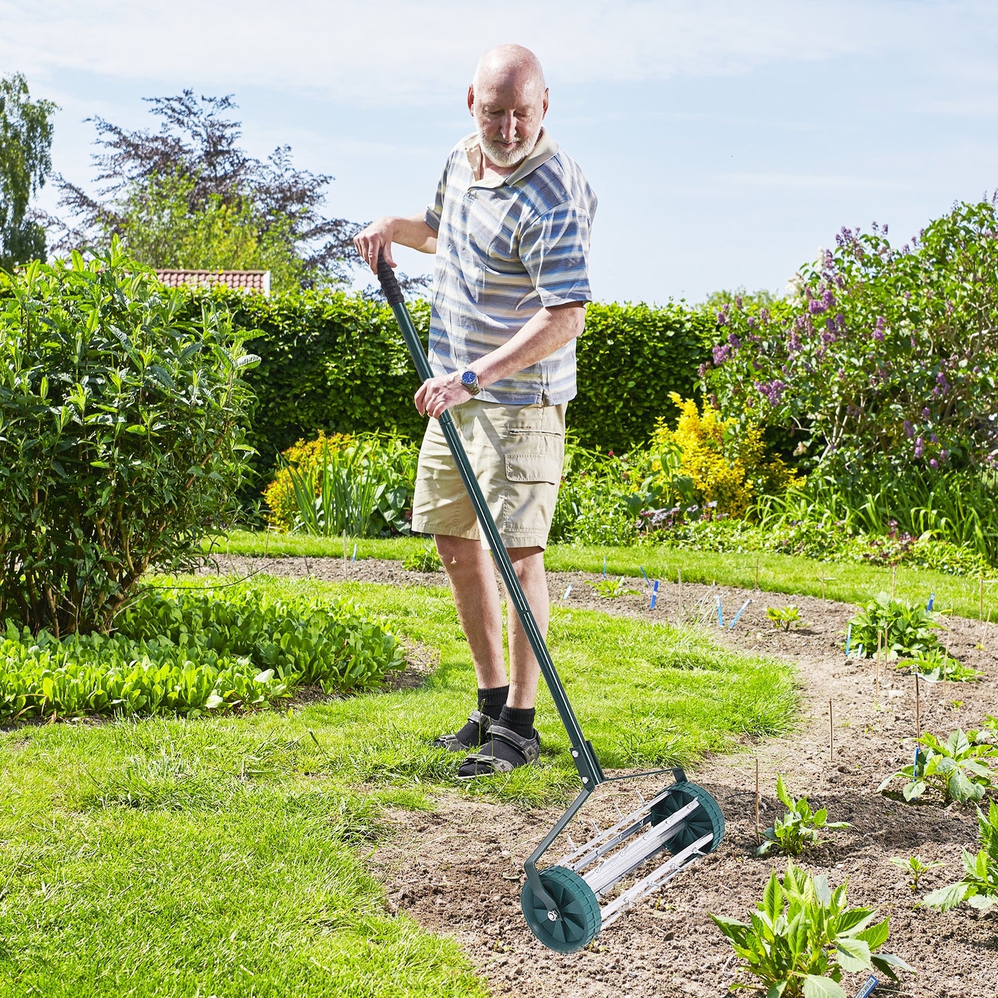 18-Inch Rolling Lawn Aerator with Anti-Slip Handle and Tine Spikes