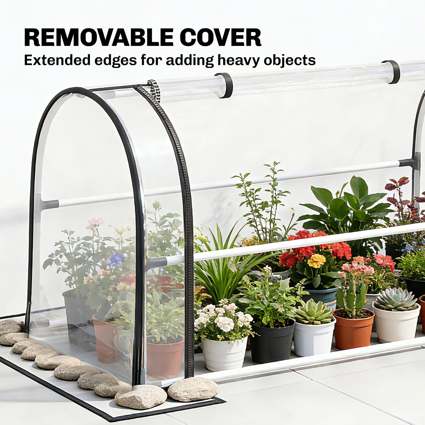 Raised Garden Bed with Flip-Up Greenhouse Cover - Metal Elevated Planter with Drainage, White, 1110x510x85 mm