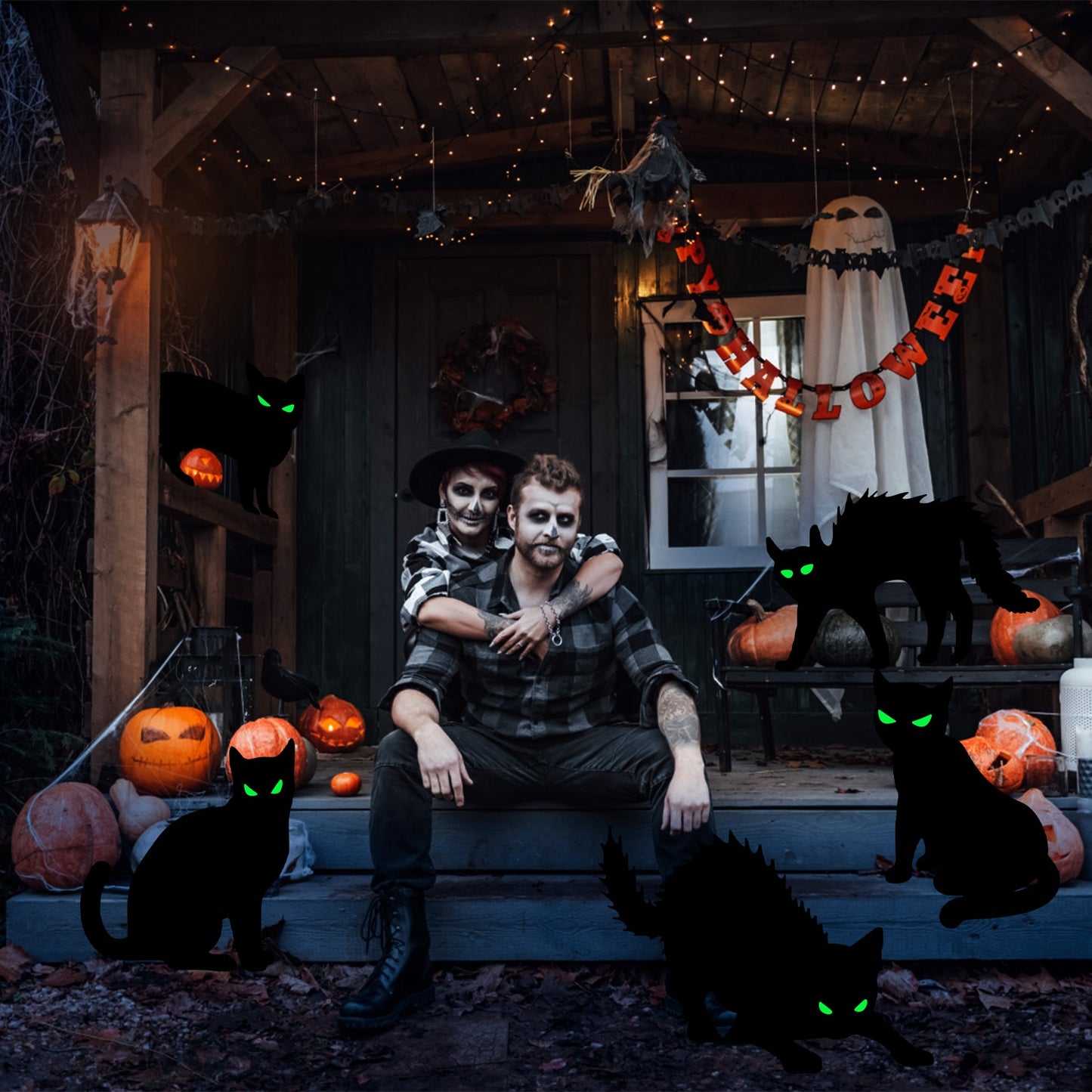 Glow In The Dark Halloween Yard Sign Set - 6 Pcs Skeleton & Cat