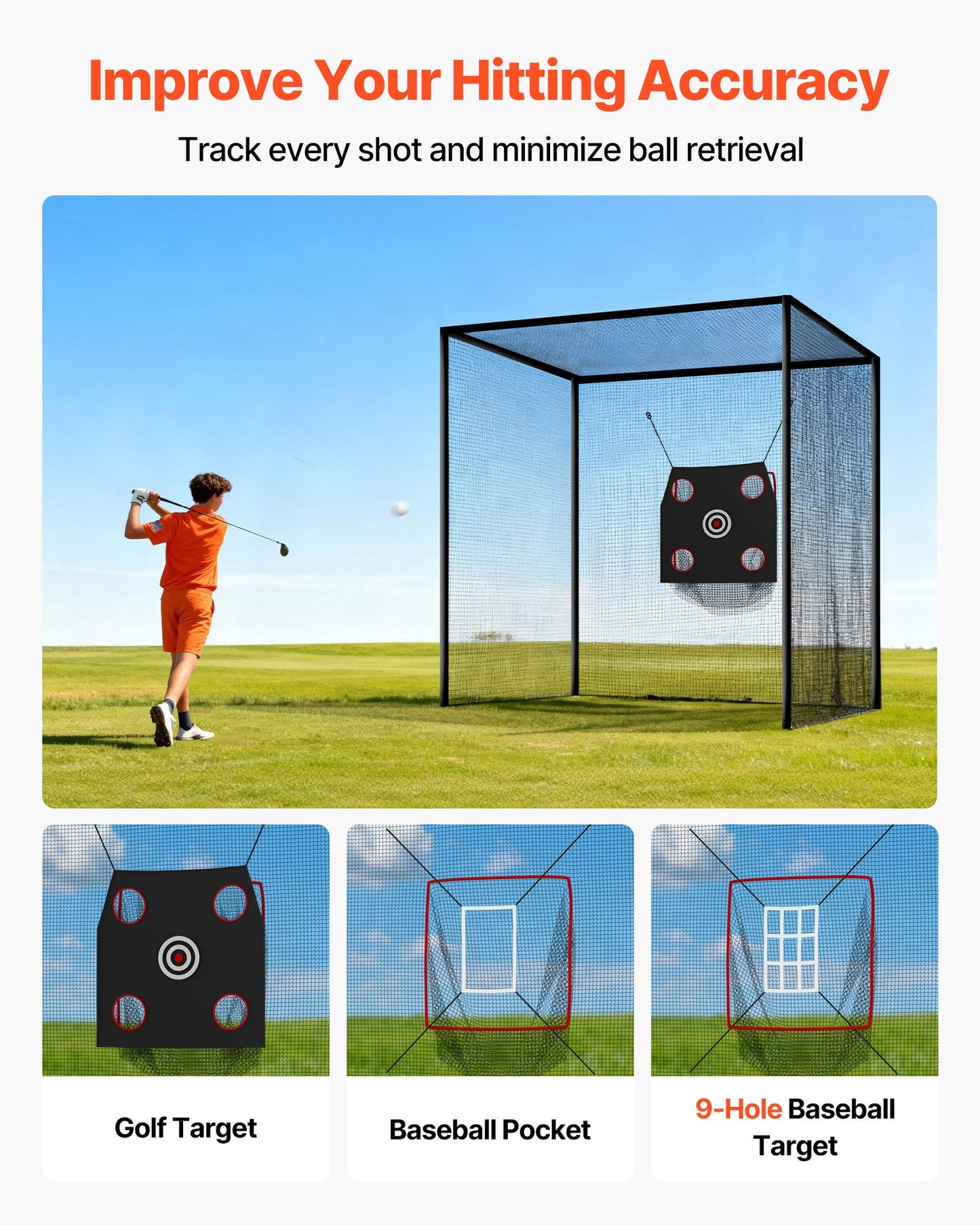 Golf Practice Net 10x10x10 ft with Targets for Indoor Outdoor Training