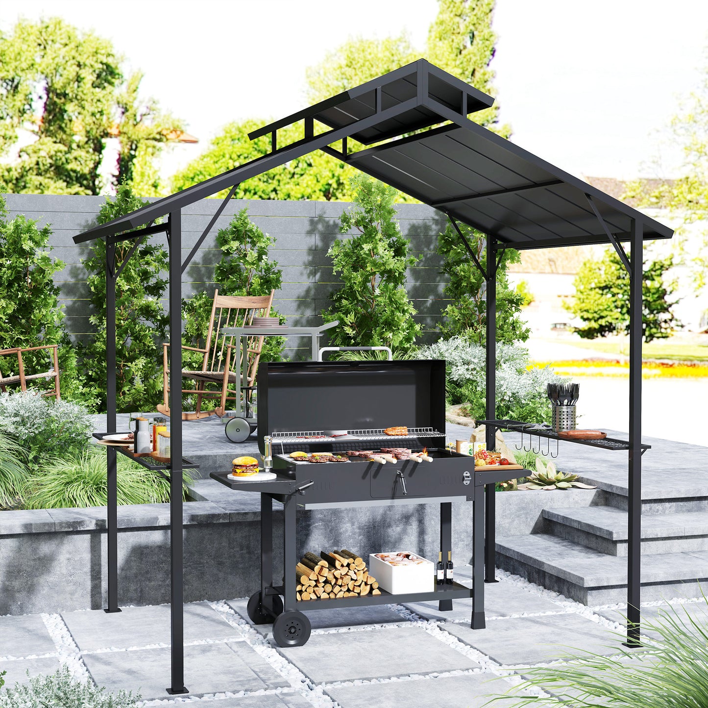 5x8ft Hardtop Grill Gazebo with Double Metal Roof & Shelves