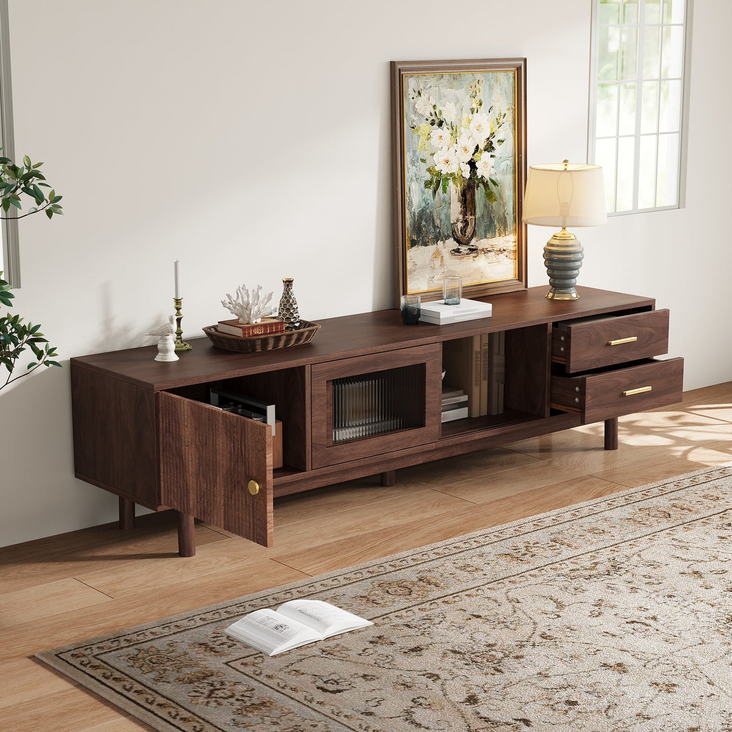 70-Inch Mid Century Modern TV Stand with Glass Sliding Doors