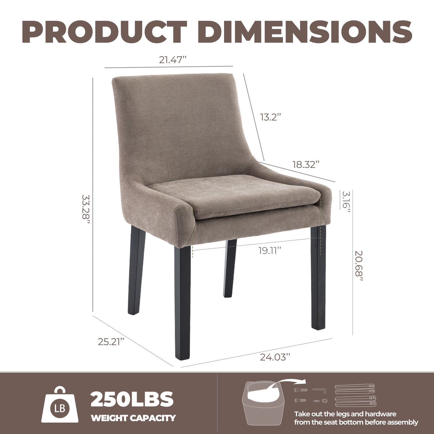 Upholstered Dining Chairs Set of 2 - Mid Back, Wood Legs
