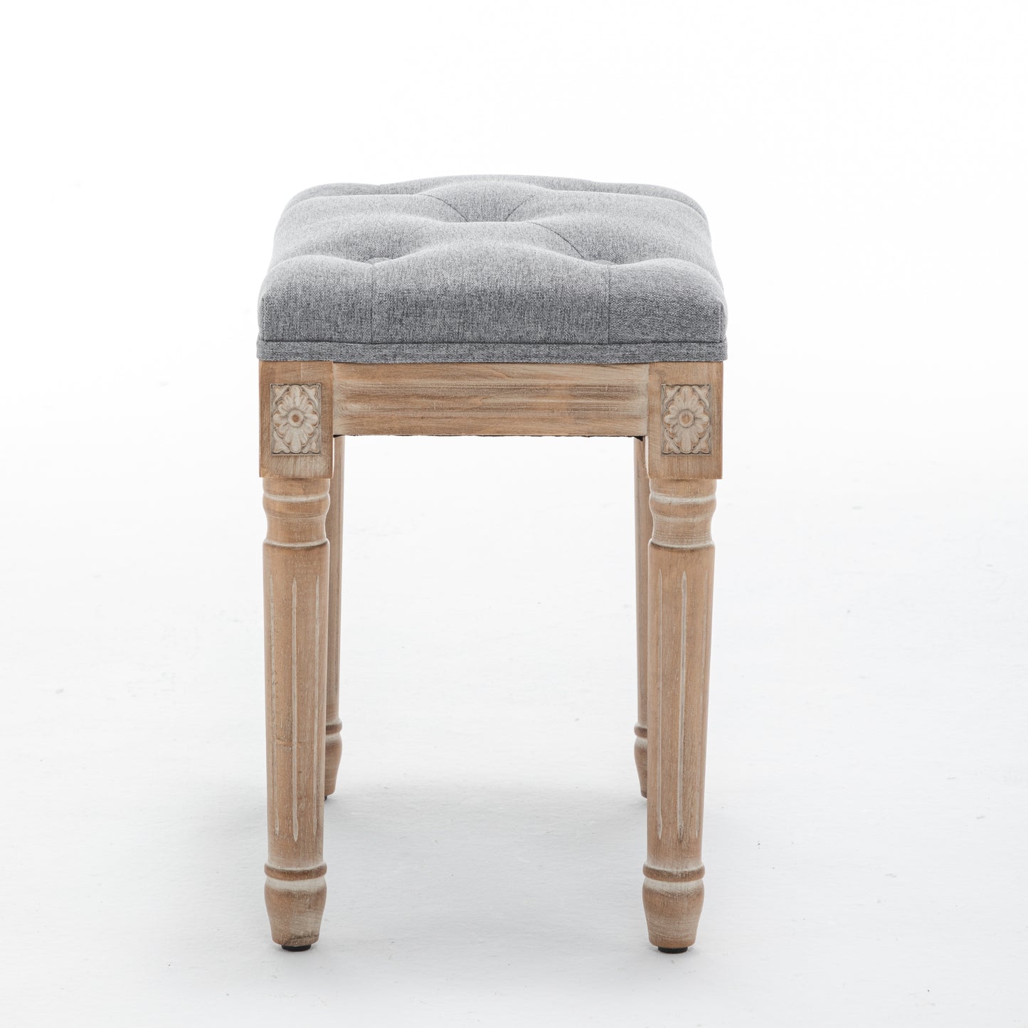 Grey Tufted Vanity Stool with Solid Wood Legs - Bedroom Bench