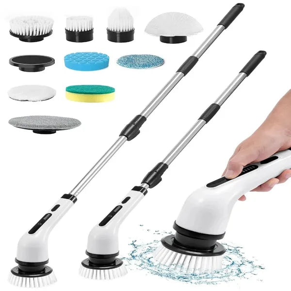Electric Cleaning Brush with 9 Replaceable Heads & Extendable Rod