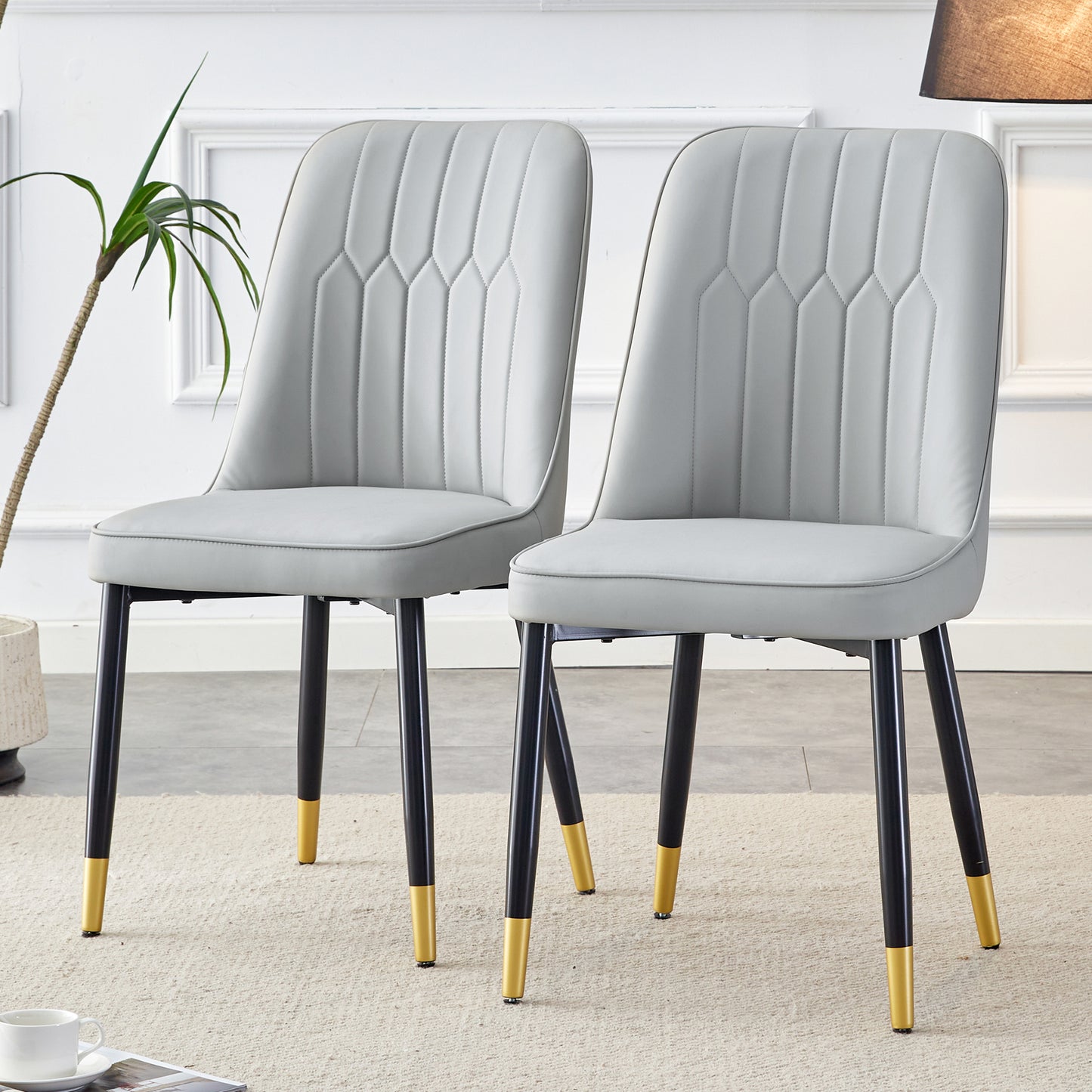 Light Gray Dining Chairs - 2 Piece Set with PU Material & Metal Legs