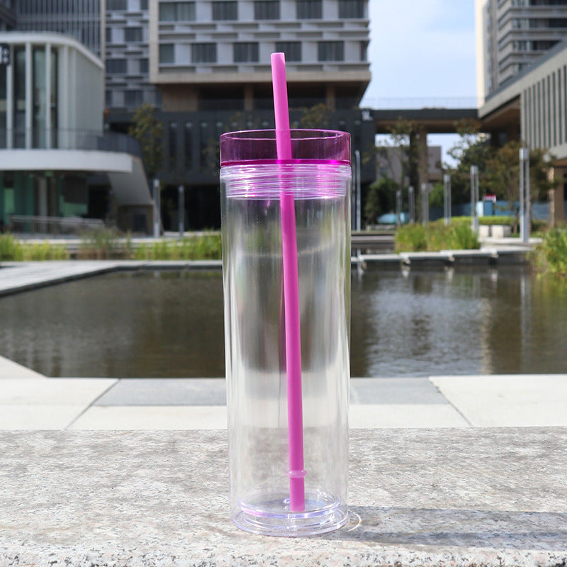 Large Capacity Double-Layer Drinkware Cup with Straw - Multiple Colors & 710ml