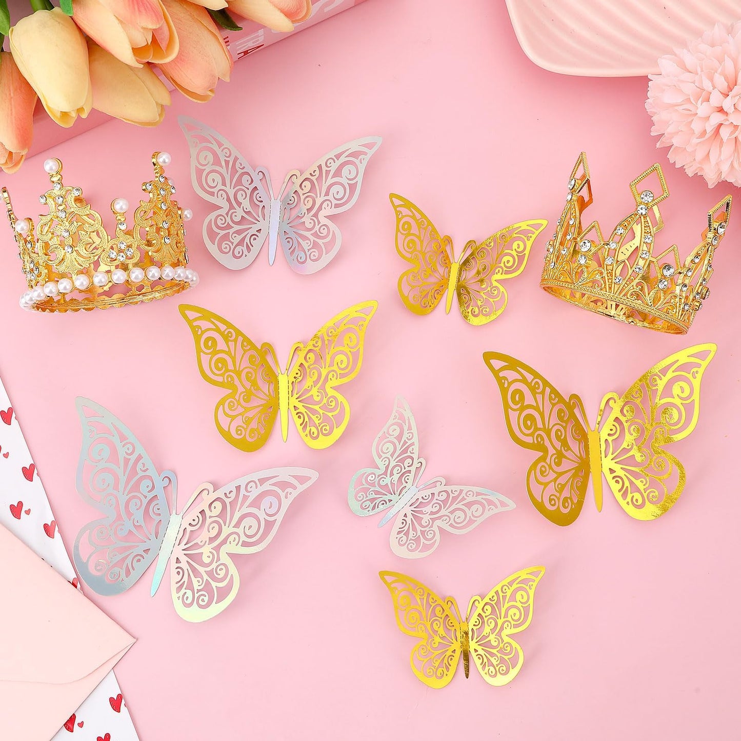 Flower Bouquet Accessories Set - 24pcs Butterflies & Crowns