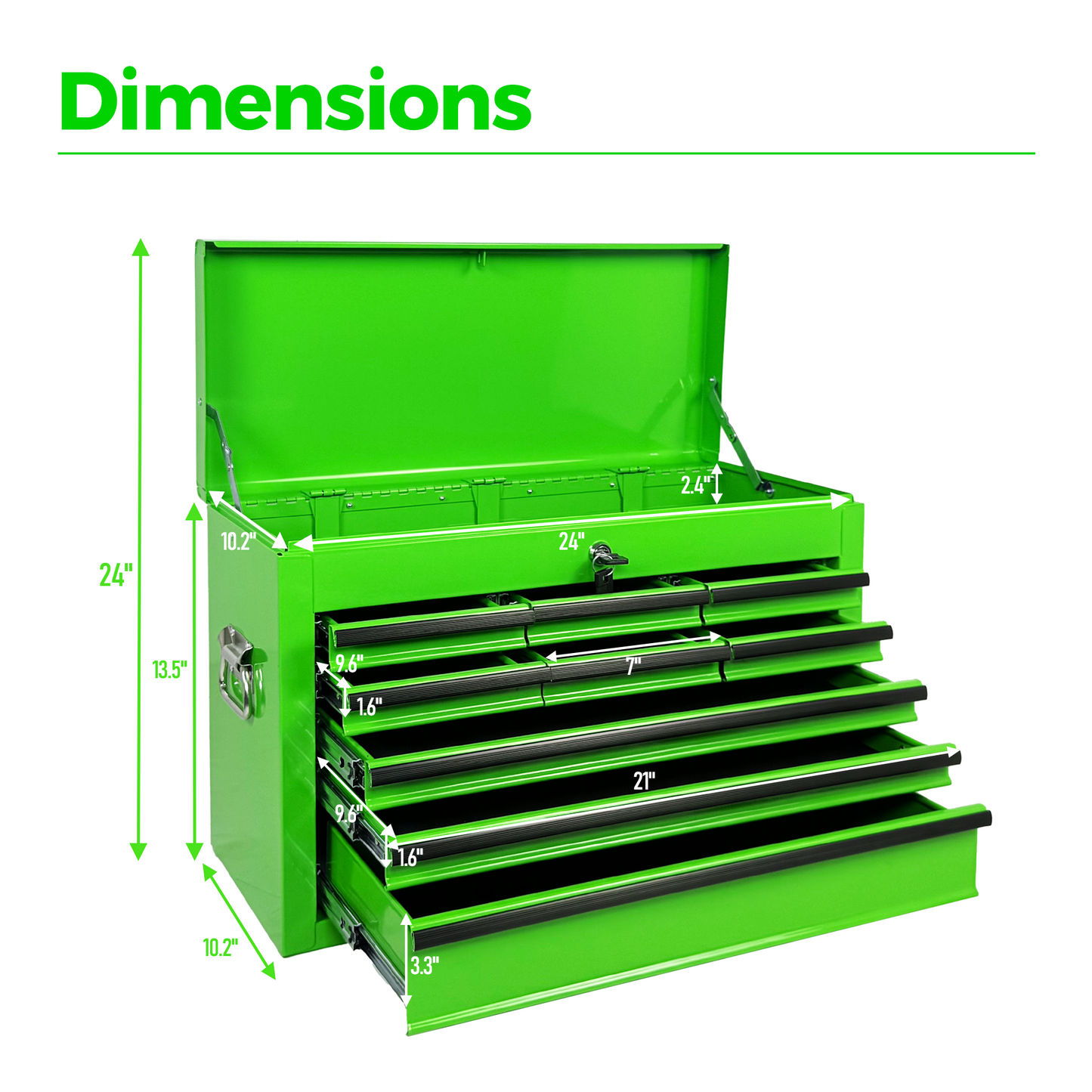 Heavy Duty Metal Tool Box 24 Inch with 9 Drawers - Portable Steel Organizer in Green