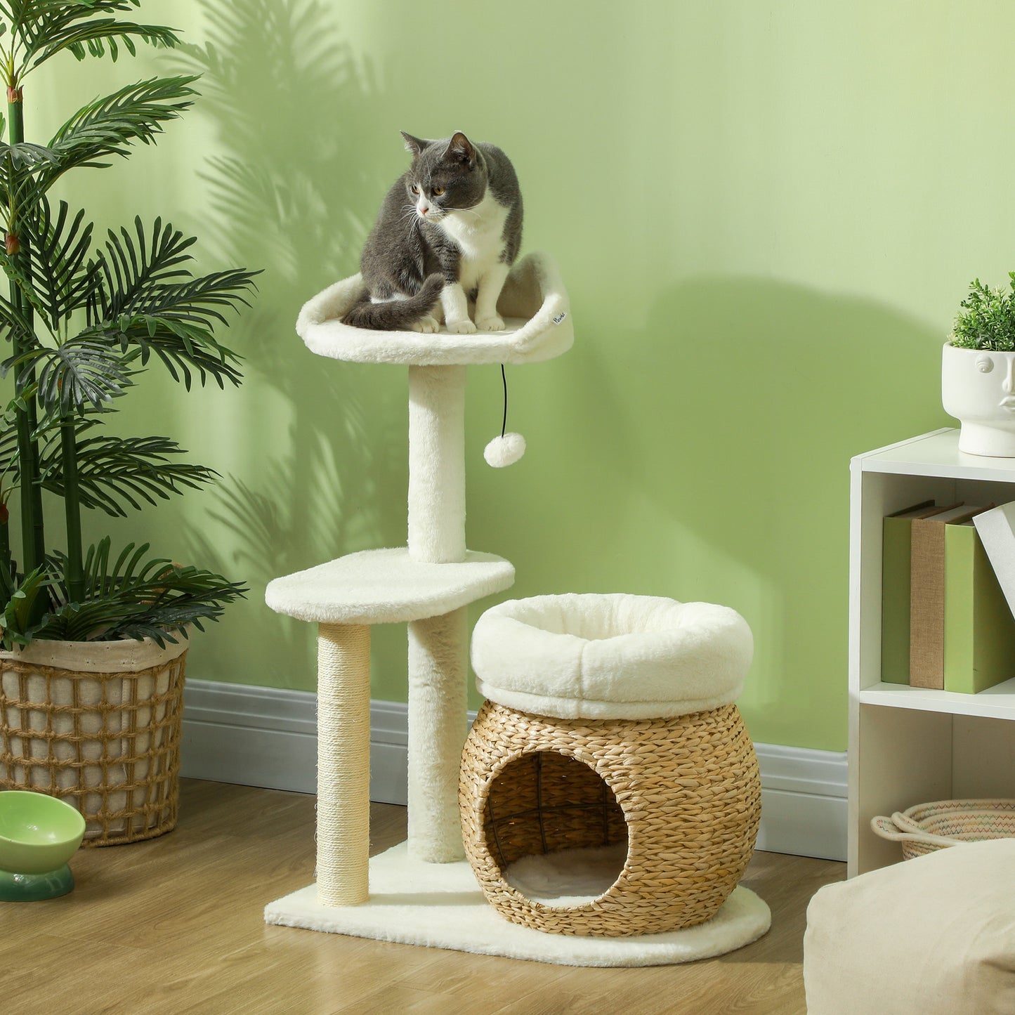 31-Inch Cat Tree Tower with Scratching Posts, Condo, Beds & Toy Ball - Cream White