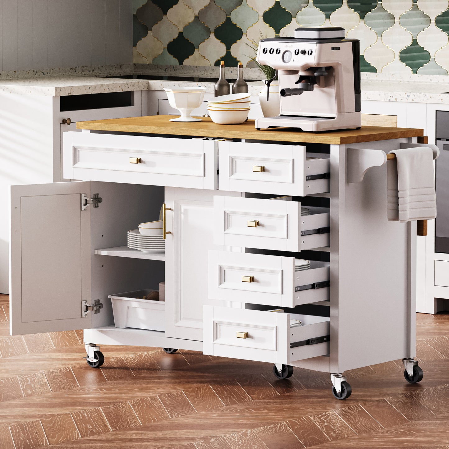 52'' Kitchen Island on Wheels with Drop Leaf & Storage - White