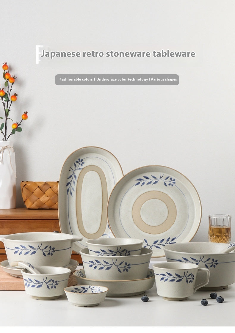 Retro Simple Rice Bowl Set - Household Kitchen Dinnerware with Flower Pattern