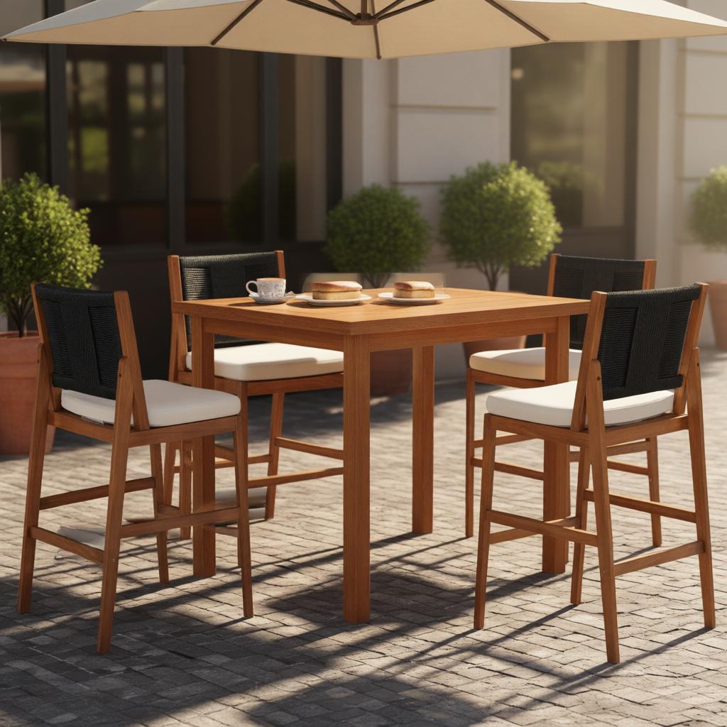 4-Piece Black Outdoor Bar Stool Set - Solid Acacia Wood & Wicker