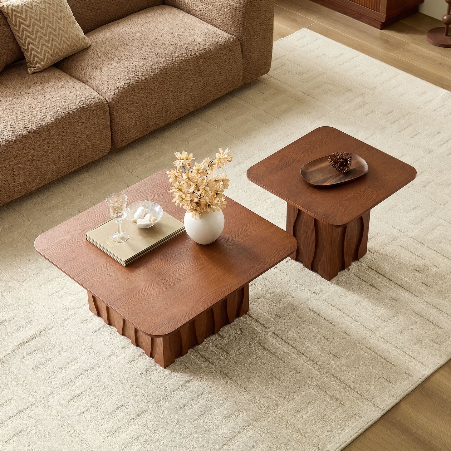 Nesting Square Coffee Table Set - 2-Piece Brown Accent Tables