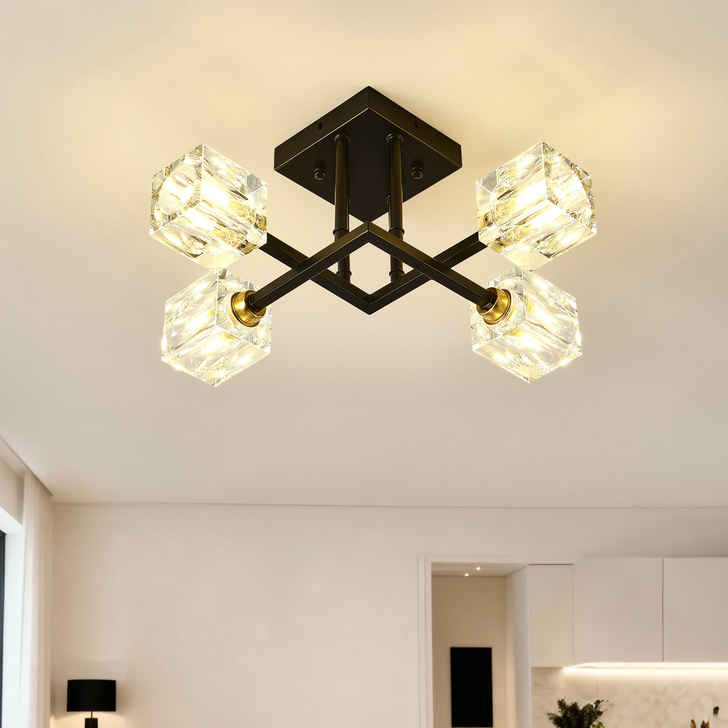 Modern Crystal Ceiling Light - 4 Lights, Matte Black, D16.99in H15.35in