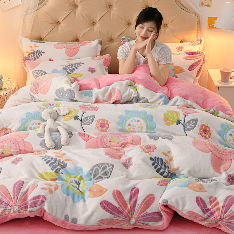 Coral Velvet Duvet Cover Set Double Sided Thick Bedding with Cartoon Patterns