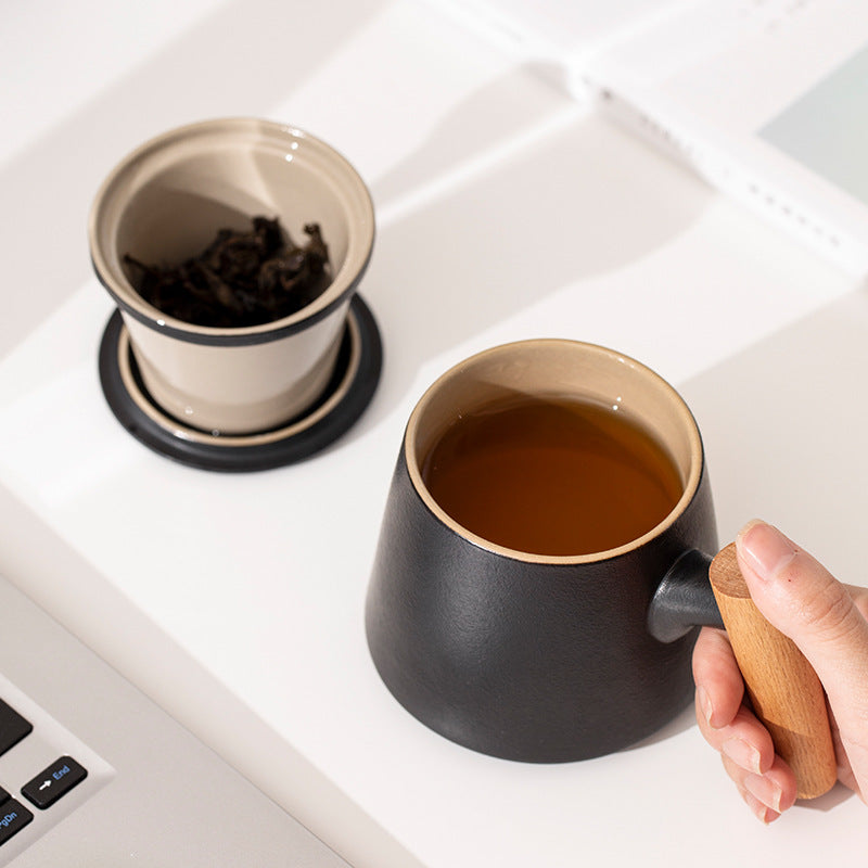 Ceramic Office Cup with Wooden Handle - Multiple Styles & Travel Bag