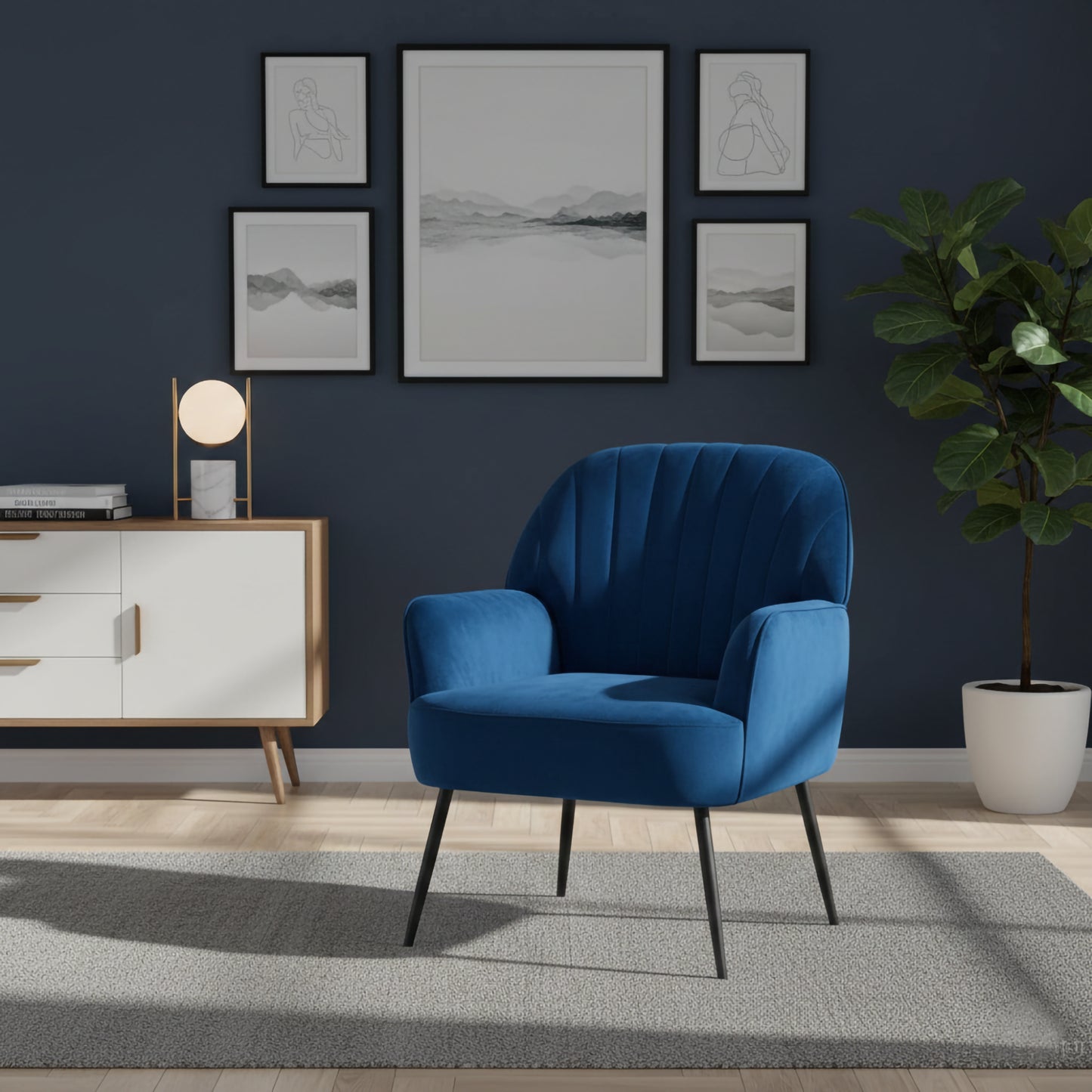 Modern Velvet Accent Chair - Comfy Barrel Armchair in Blue