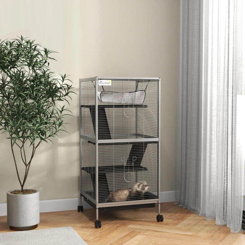 Rolling Small Animal Cage with Hammock for Ferrets, Chinchillas, Kittens - White