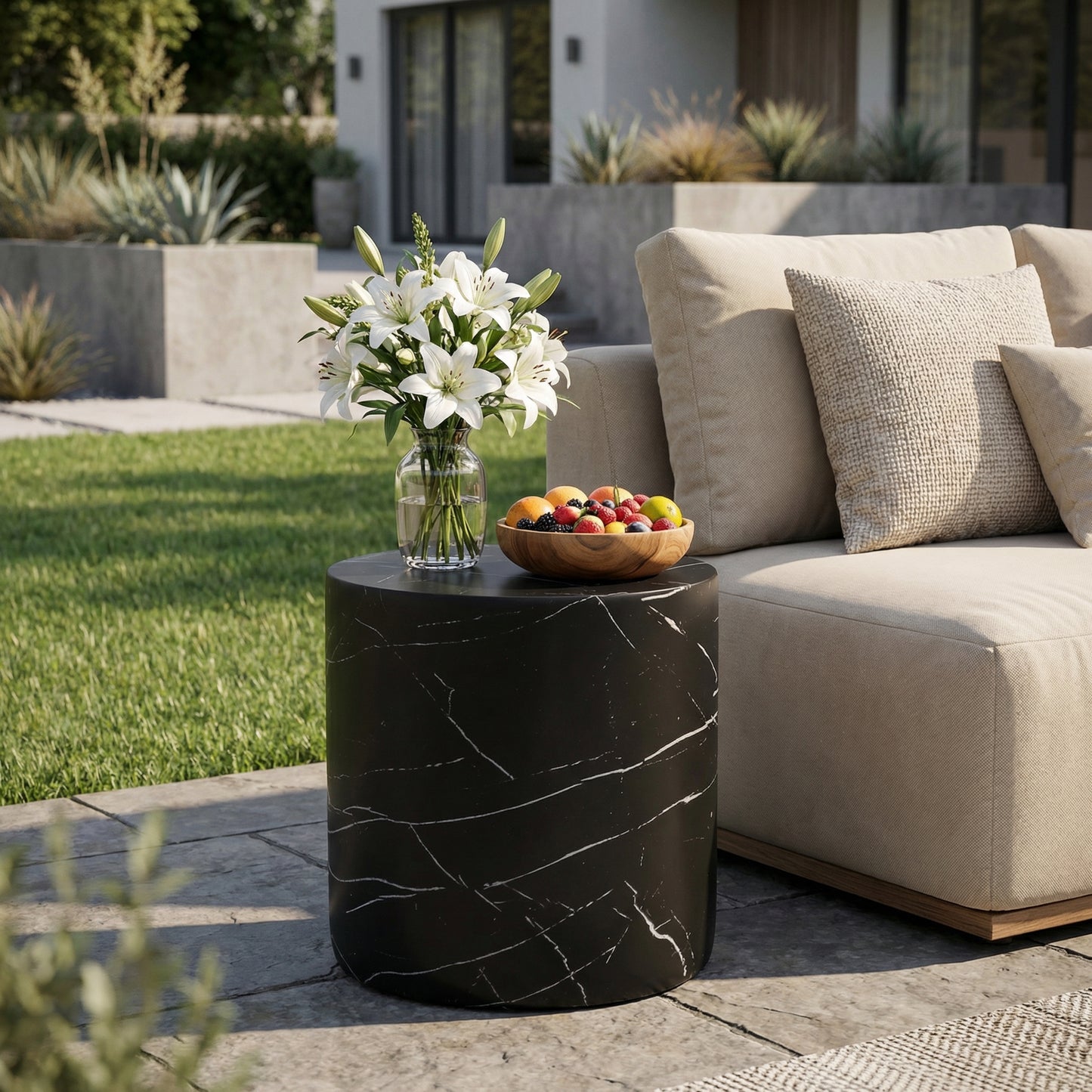Outdoor Lightweight Concrete Side Table - Black Marble Finish