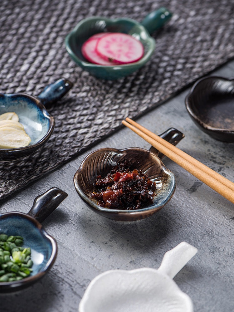 Ceramic Sauce Dipping Dish with Handles - Japanese Retro Style, Various Colors
