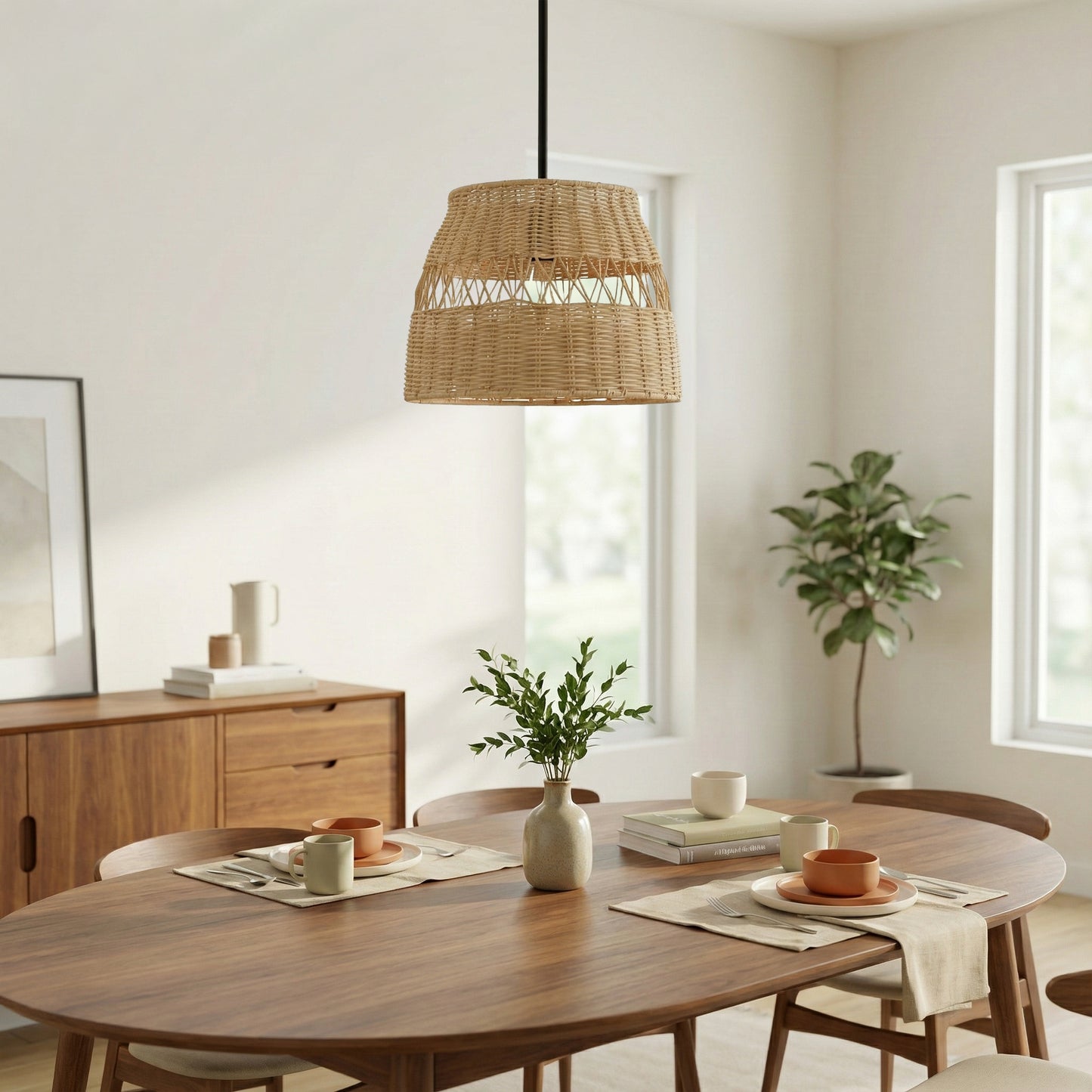 Single Lights Pendant With Rattan Shade Black Metal Finish For