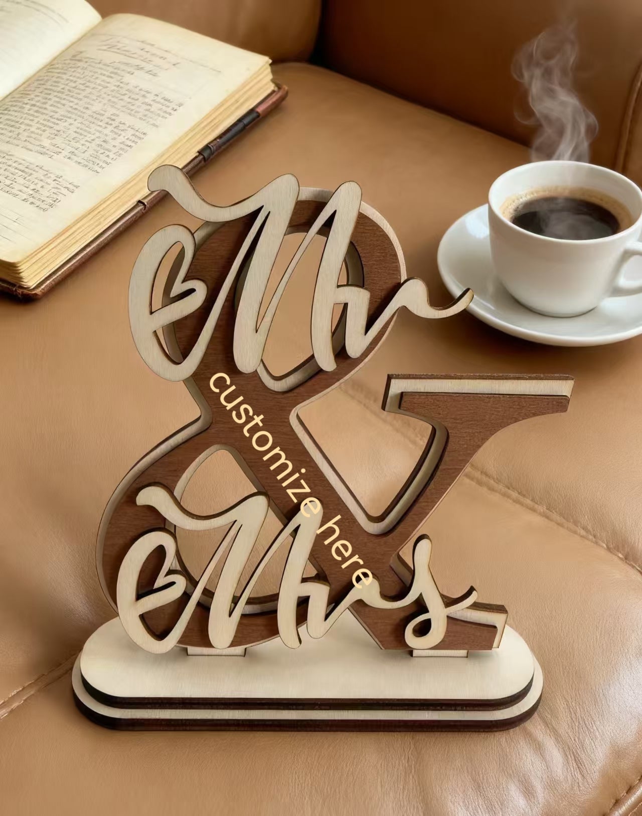 Personalized Wooden Ampersand & Mr Mrs Wedding Table Sign Custom Engraved Couple Names & Date