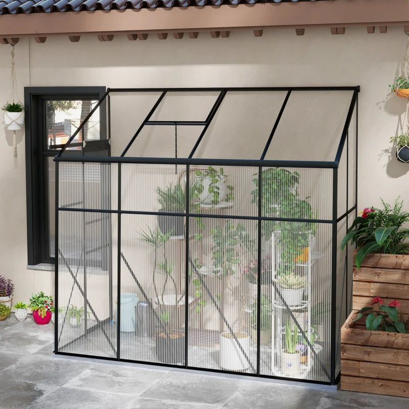 Walk-In Polycarbonate Greenhouse with Aluminum Frame and Rain Gutter, Lean-To Design, Black