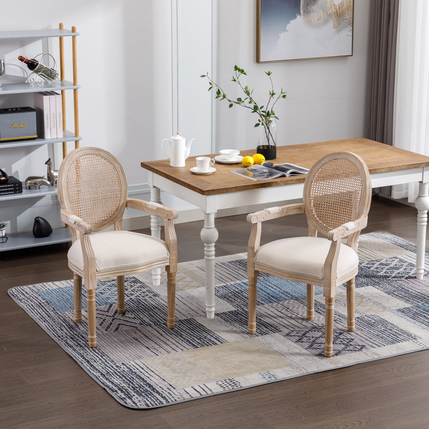 French Country Dining Armchair Set of 2 - Beige Upholstered Chairs
