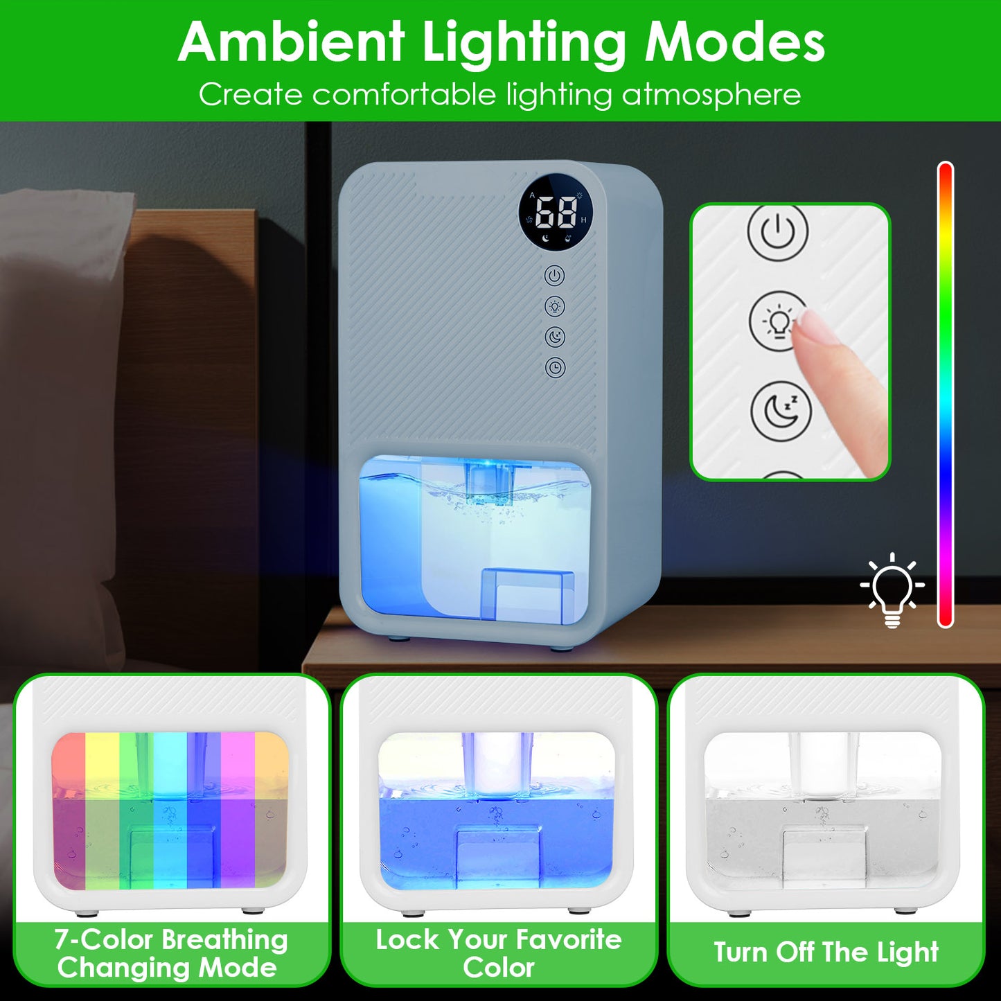 Portable Dehumidifier 37OZ with Sleep Mode, 7-Color Night Light, Timer for Home Bathroom Basement