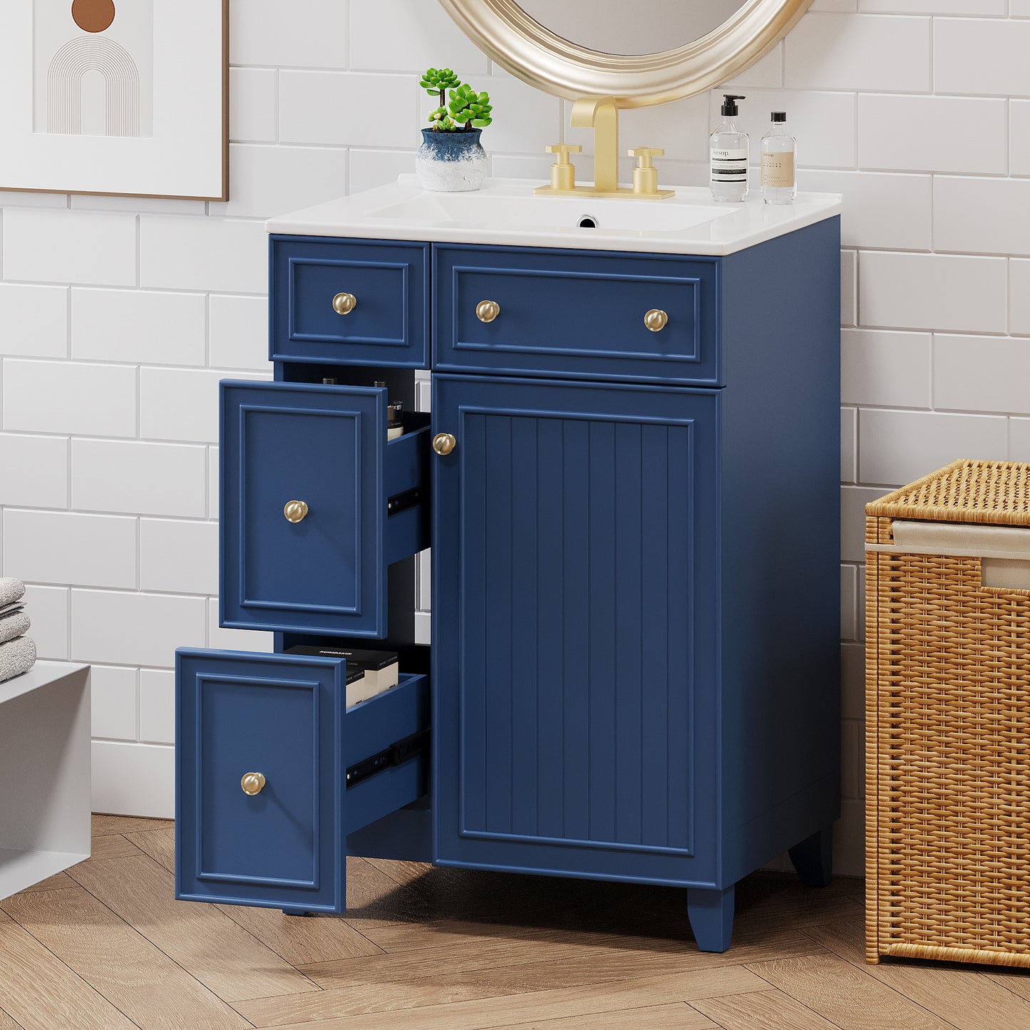 24-Inch Blue Bathroom Vanity Cabinet with Ceramic Sink & Drawers
