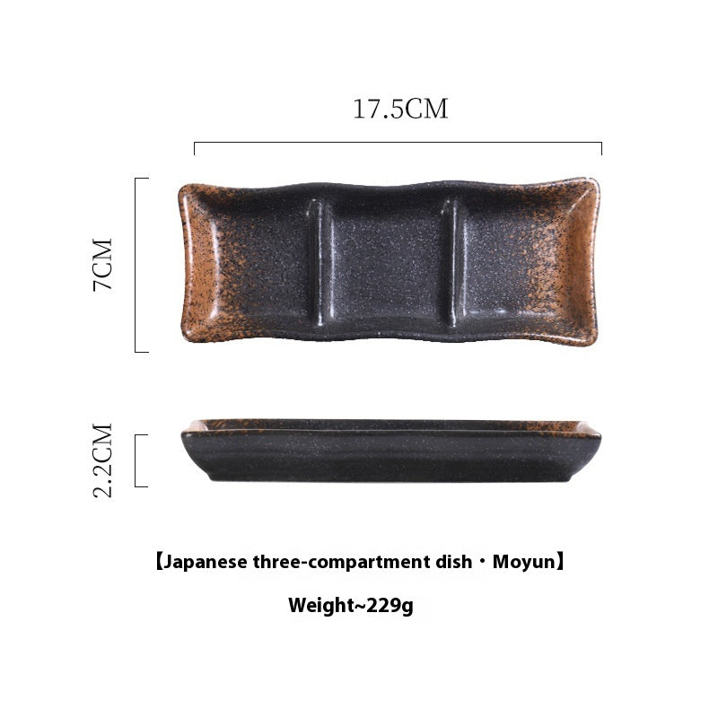 Rectangular Ceramic Sauce Dish with Three Grid Sections - Japanese Style Kitchenware