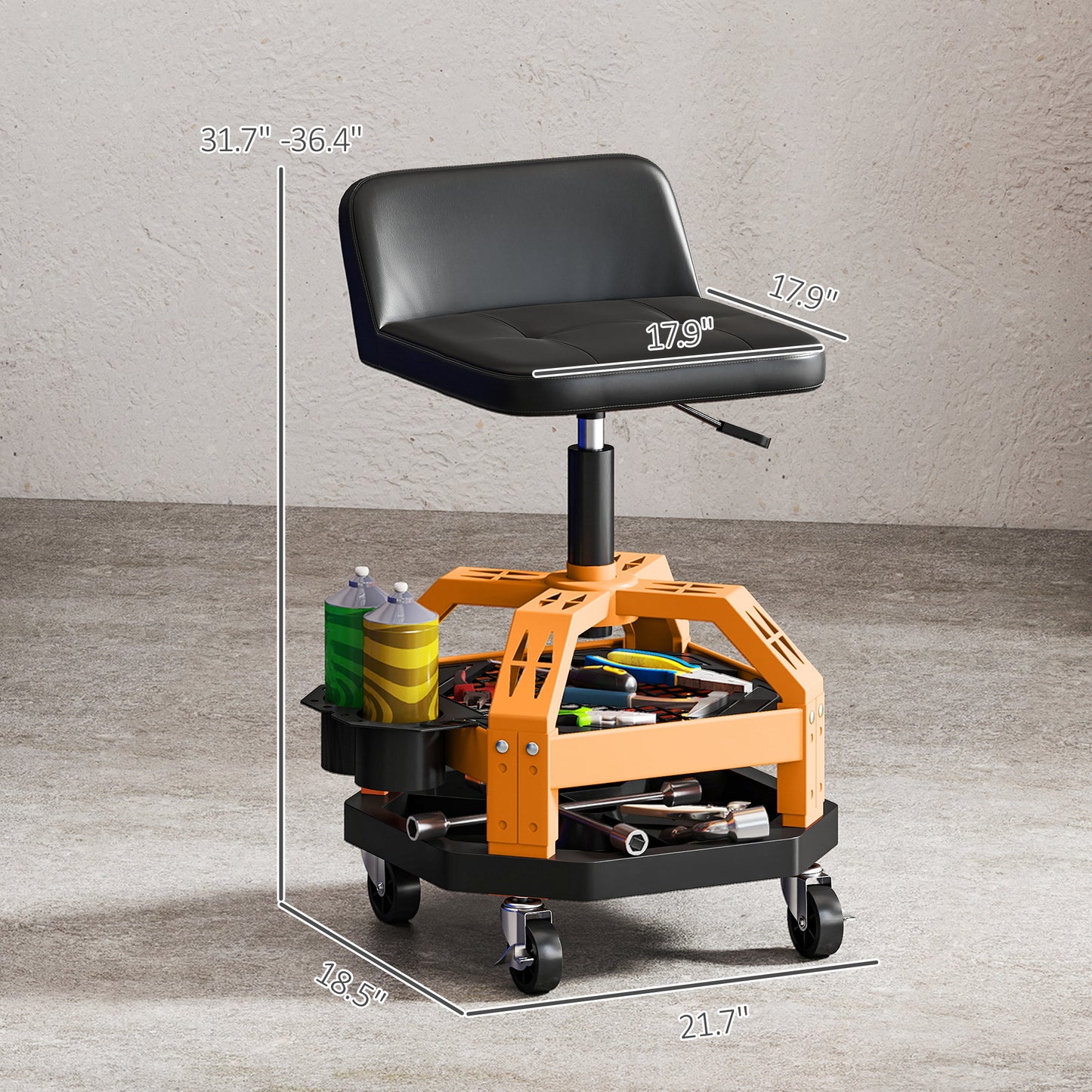 Garage Rolling Stool with Tool Tray, 300 LBS Capacity, Adjustable Height, Yellow