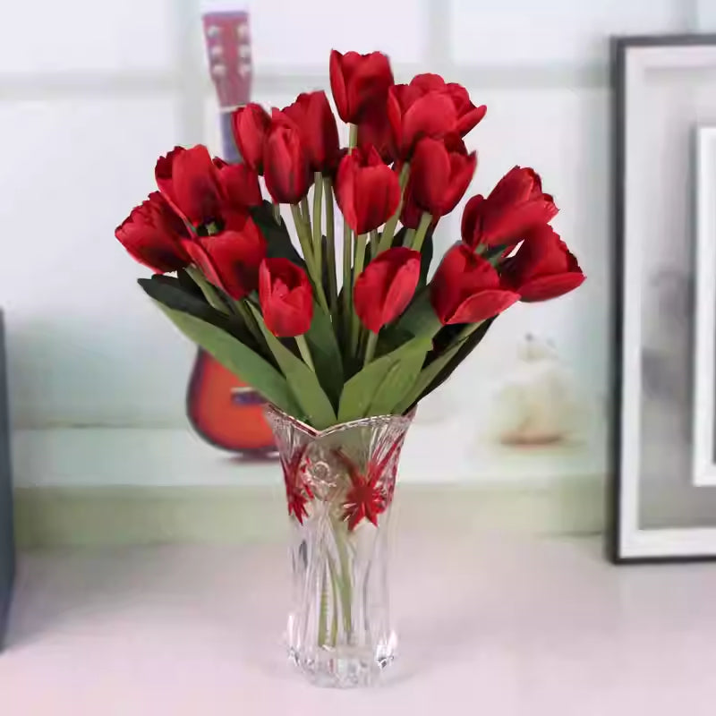 Artificial Tulip Flower Arrangement with Glass Vase - Home Decor Set