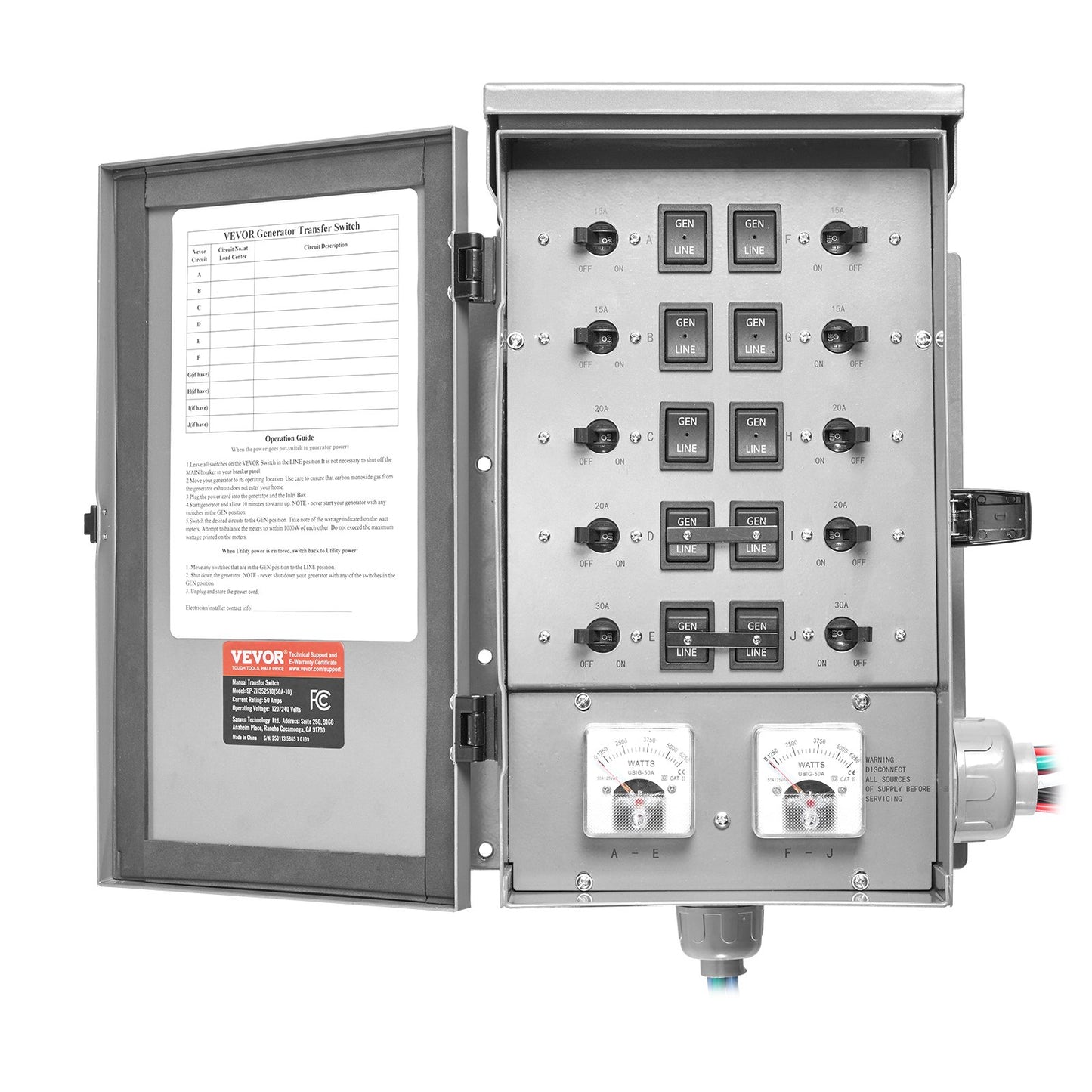 Manual Transfer Switch 50A 12500W Weatherproof Generator Power Switch Kit